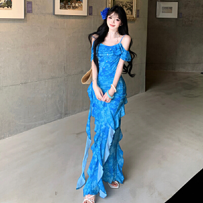 26060176 [실사보장/여신체형보정] 마린 블루 잔꽃 나시 원피스 휴양지룩