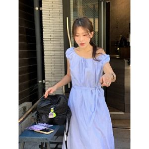 26060196 [서머에센셜] 스퀘어넥 셔링 롱 원피스 에이라인 체형커버  바캉스룩