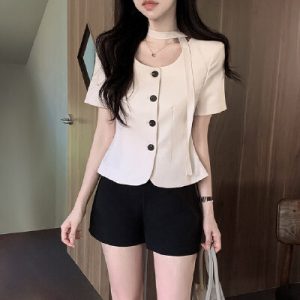 26060222 [모던출근룩] 라운드넥 싱글 버튼 반팔 자켓 오피스룩