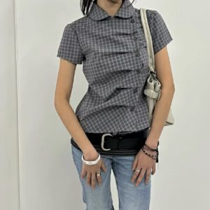 26060243 [클래식무드] 체크 언발란스 셔링 셔츠