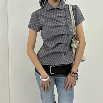 26060243 [클래식무드] 체크 언발란스 셔링 셔츠