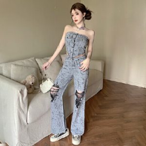 26060248 [실사보장/페스티벌] 데님 튜브탑 구제팬츠 셋업
