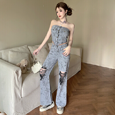 26060248 [실사보장/페스티벌] 데님 튜브탑 구제팬츠 셋업