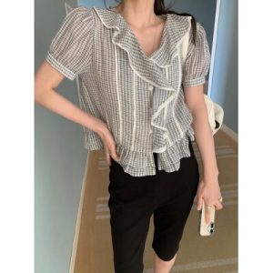 26060251 [프렌치] 프릴 디테일 체크 셔츠