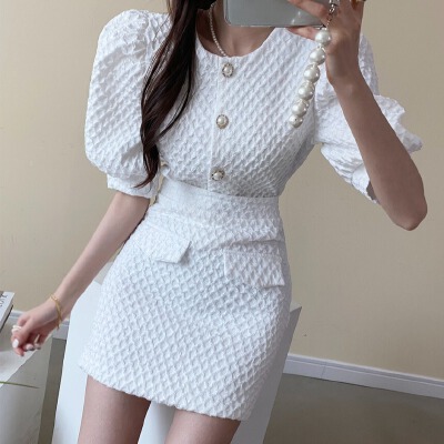 26070063 [키치룩] 버튼 포인트 퍼프 자켓 미니스커트 셋업