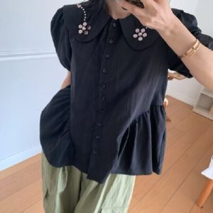 26070077 [러블리] 여리핏 빅카라 퍼프 반팔 블라우스