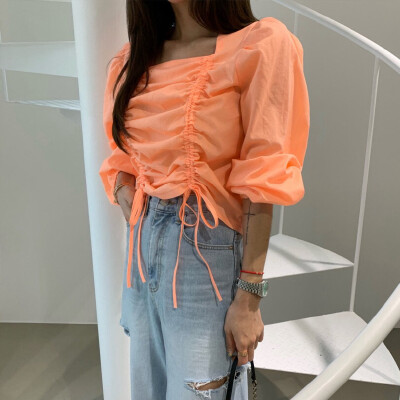 26070080 [키치룩] 셔링 스트링 포인트 크롭 긴팔 탑