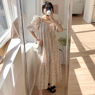 26070117 [내추럴] 플라워 퍼프 롱 원피스