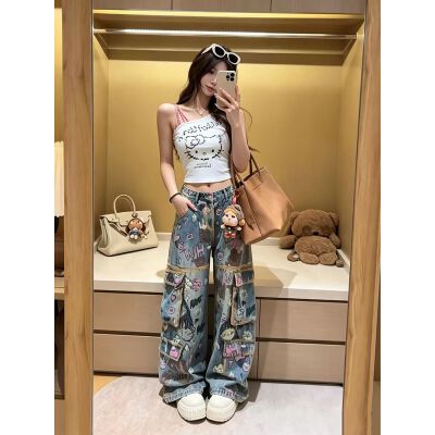 26070166 카툰 포켓 와이드 청바지