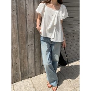 26070173 [데일리] 스퀘어넥 언발 셔링 블라우스