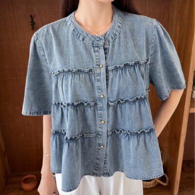 26070204 [로맨틱] 프릴 데님 블라우스