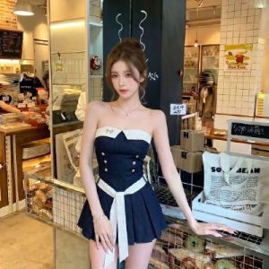 26070238 [로맨틱] 배색 탑 주름 스커트 셋업