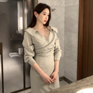26080006 [시크] 프렌치 칼라 허리 셔링 퍼프소매 롱 원피스