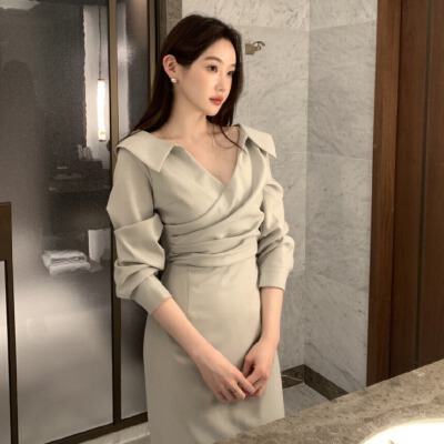 26080006 [시크] 프렌치 칼라 허리 셔링 퍼프소매 롱 원피스