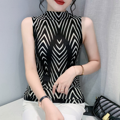 26080011 [시크] 기하학 프린트 반하이넥 민소매 티셔츠