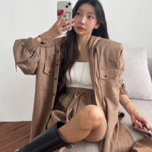 26080034 무광 기모 후드 셔츠 + 밴딩 숏팬츠 투피스 세트