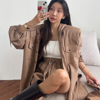 26080034 무광 기모 후드 셔츠 + 밴딩 숏팬츠 투피스 세트