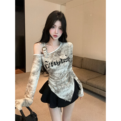 26080044 [실사/시크] 아메리칸 타이다이 레터링  언발란스 오프숄더 롱 소매 티셔츠