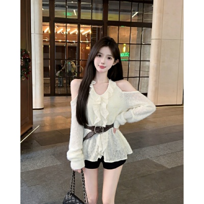 26080091 실사 프릴 어깨트임 블라우스 벨트 셋업