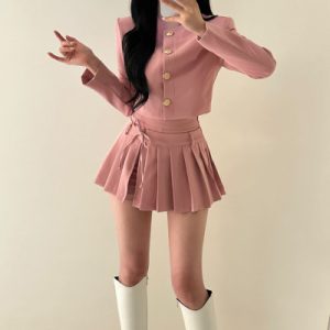 26080112 금장버튼 자켓 주름스커트 셋업