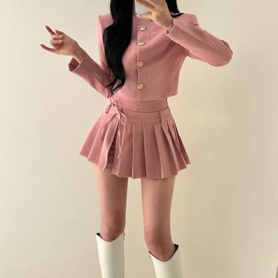 26080112 금장버튼 자켓 주름스커트 셋업