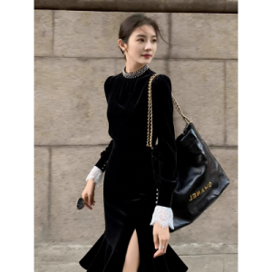 26080148 블랙 슬릿 벨벳 엘레강스 파티 롱 원피스