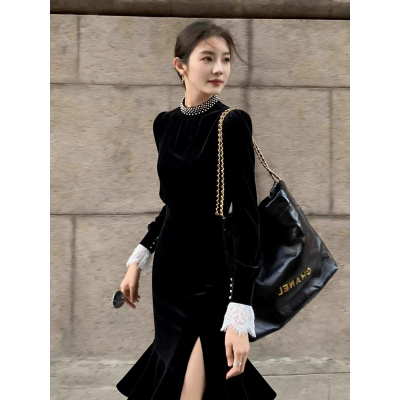 26080148 블랙 슬릿 벨벳 엘레강스 파티 롱 원피스