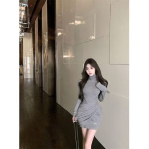 26080153 [실사] 더블 크로스 셔링 터틀넥 슬림 원피스