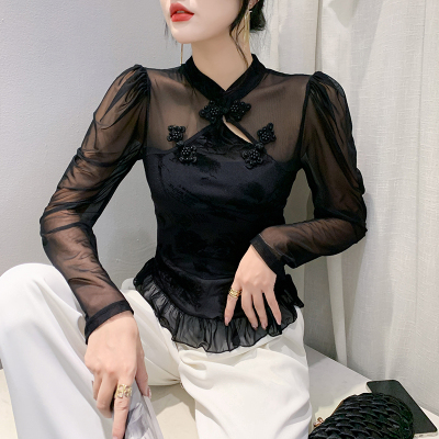 26080163 빈티지 차이나 버튼 비즈 시스루 롱슬리브 티셔츠
