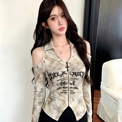 26080184 빈티지 오프숄더 집업 슬림 롱슬리브 탑
