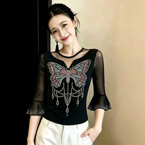26080201 시스루 망사 배색 핫픽스 리본 반팔 티셔츠