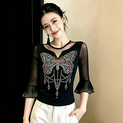 26080201 시스루 망사 배색 핫픽스 리본 반팔 티셔츠