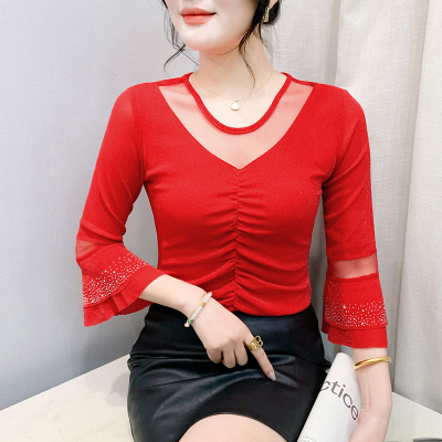 26080202 셔링 시스루 핫픽스 라인 나팔소매 칠부 티셔츠