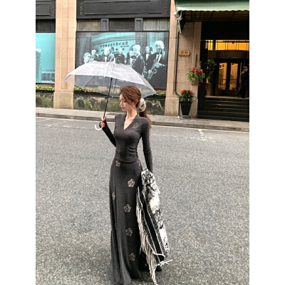 26080242 엘레강스 핫픽스 라인스톤 블링 롱 원피스 셋업