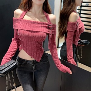 26080298 26080298 홀터넥 오프숄더 어시메트릭 긴팔 티셔츠