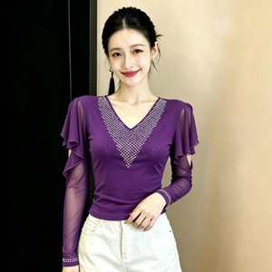 26080315 시어 브이넥 스톤 러플슬리브 긴팔 티셔츠