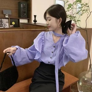 26080342 릴렉스 퍼플 타이넥 프릴 블라우스