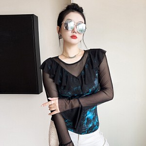 26090007 라운드넥 시스루 플리츠 프린트 슬림 긴팔 티셔츠