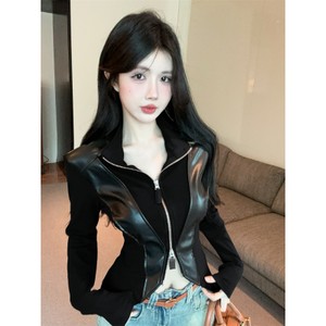 26090012 스탠드 칼라 레더 콤비 슬림 집업 기모