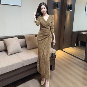 26090024 브이넥 핫픽스 슬림 트임 롱 원피스