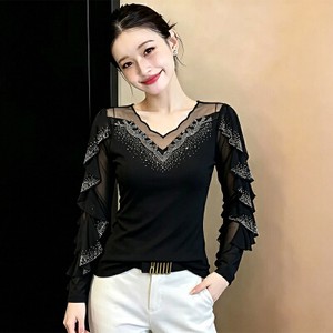 26090028 브이넥 핫픽스 시스루 플릴 슬림 긴팔 티셔츠