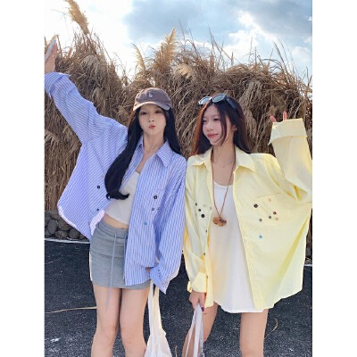 26090098 배색 버튼 스트라이프 셔츠 루스핏 긴팔 셔츠