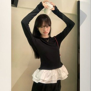 26090112 기모 원단 배색 프릴 슬림 긴팔 티셔츠