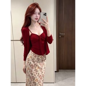 26090170 프렌치 레드 리본 가디건 뷔스티에 플로럴 스커트 세트