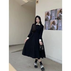 26090189 배색 카라 페이크레이어드 플레어 롱 원피스