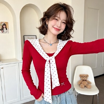 26090191 도트 패턴 세라라인 타이배색 긴팔 슬림 티셔츠