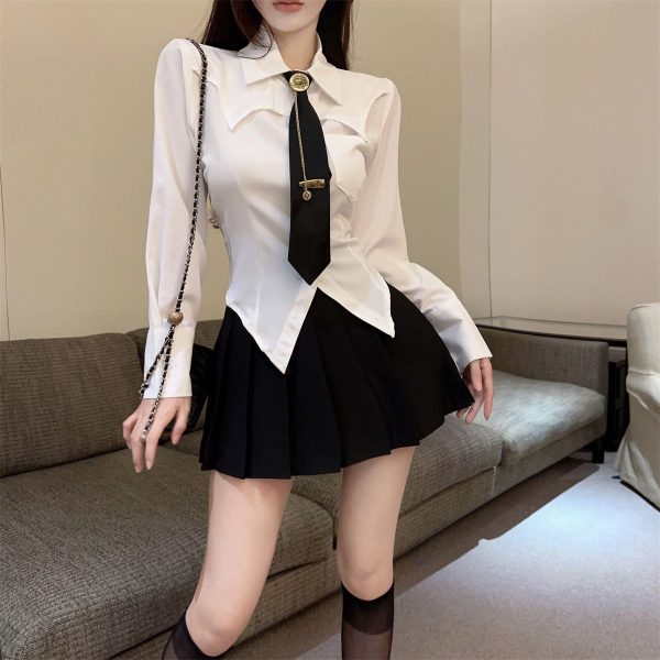 26090194 배색타이 카라넥 블라우스 셋업