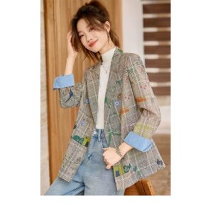26090221 빈티지 체크 그라피티 프린트 캐주얼 블레이저 자켓