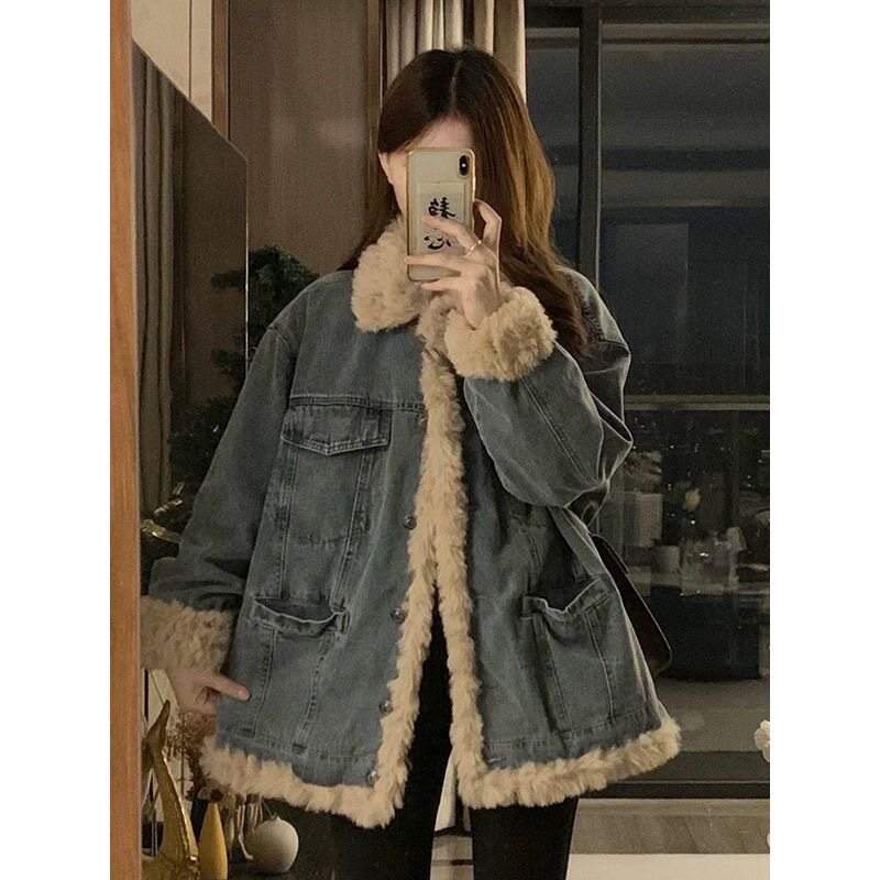 빈티지 워싱 데님 퍼 트리밍 양털 오버핏 재킷
