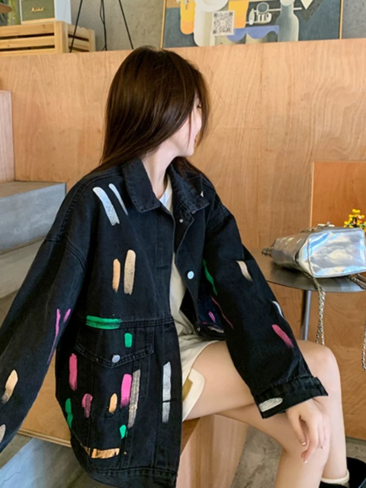 빈티지 멀티 페인트 그래피티 오버핏 흑청 데님 자켓